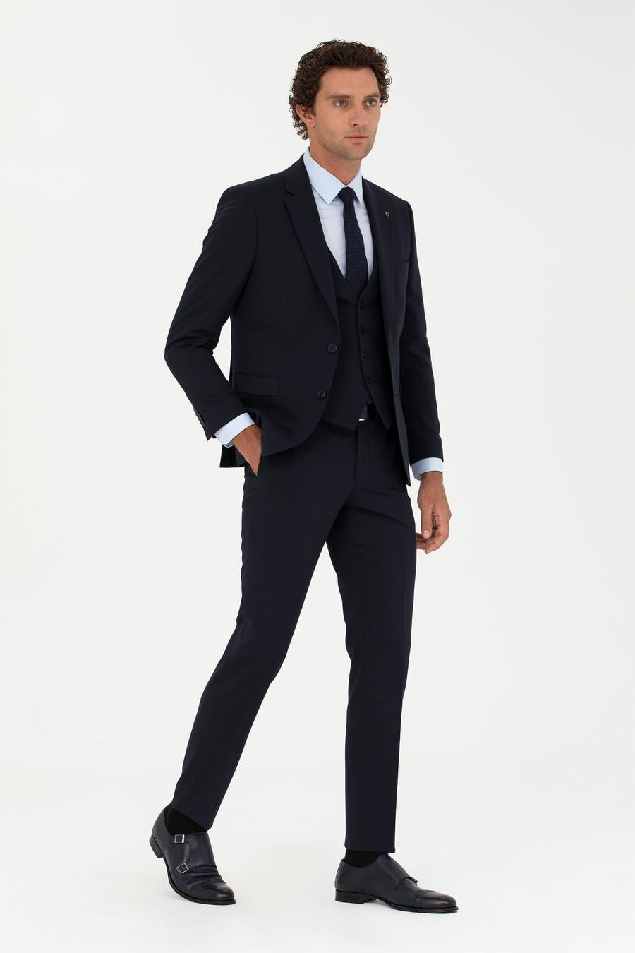 Lacivert Slim Fit Yün Karışımlı Yelekli Takım Elbise - 50275634003