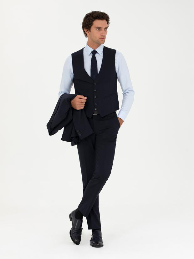 Lacivert Slim Fit Yün Karışımlı Yelekli Takım Elbise