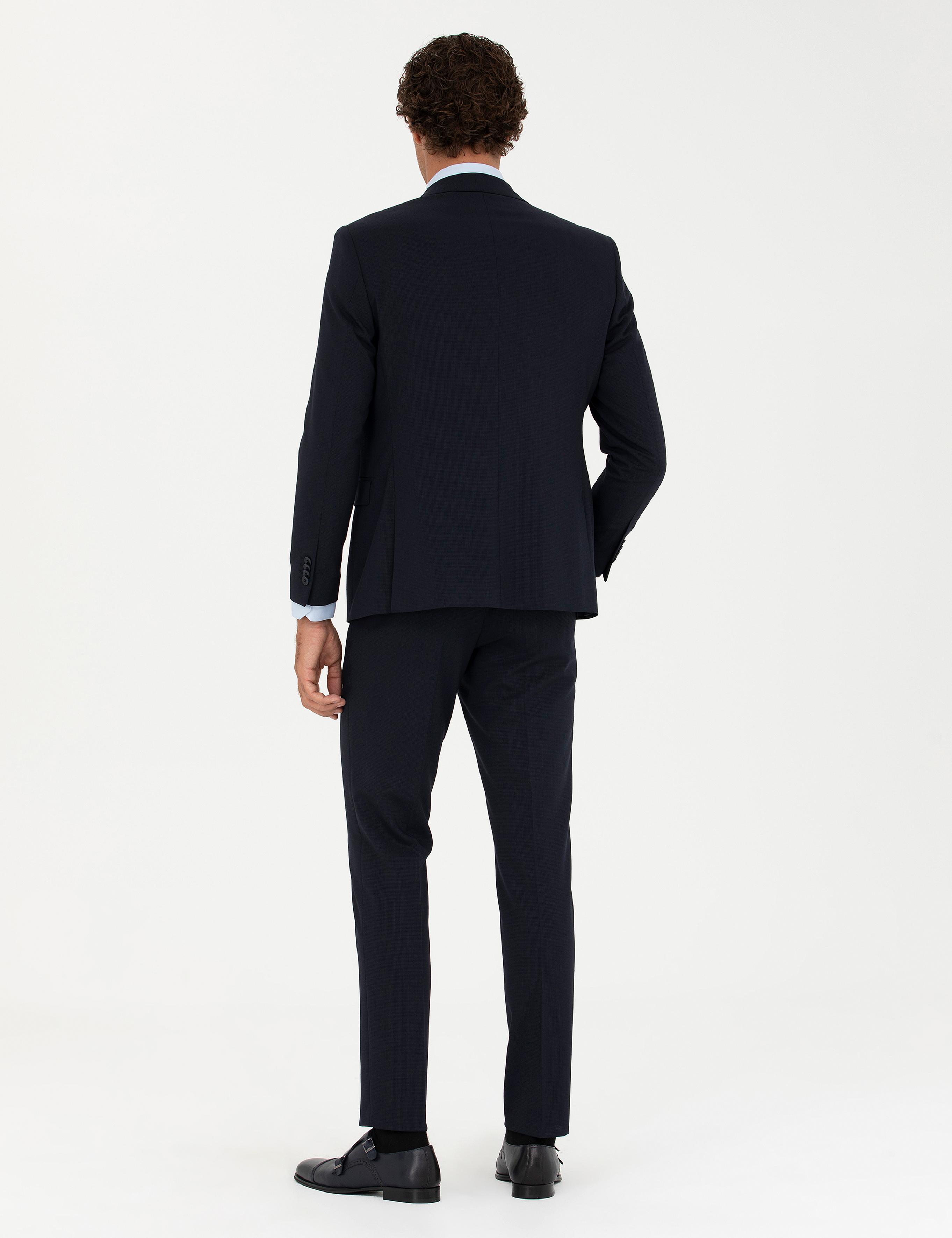 Lacivert Slim Fit Yün Karışımlı Yelekli Takım Elbise - 50275634003