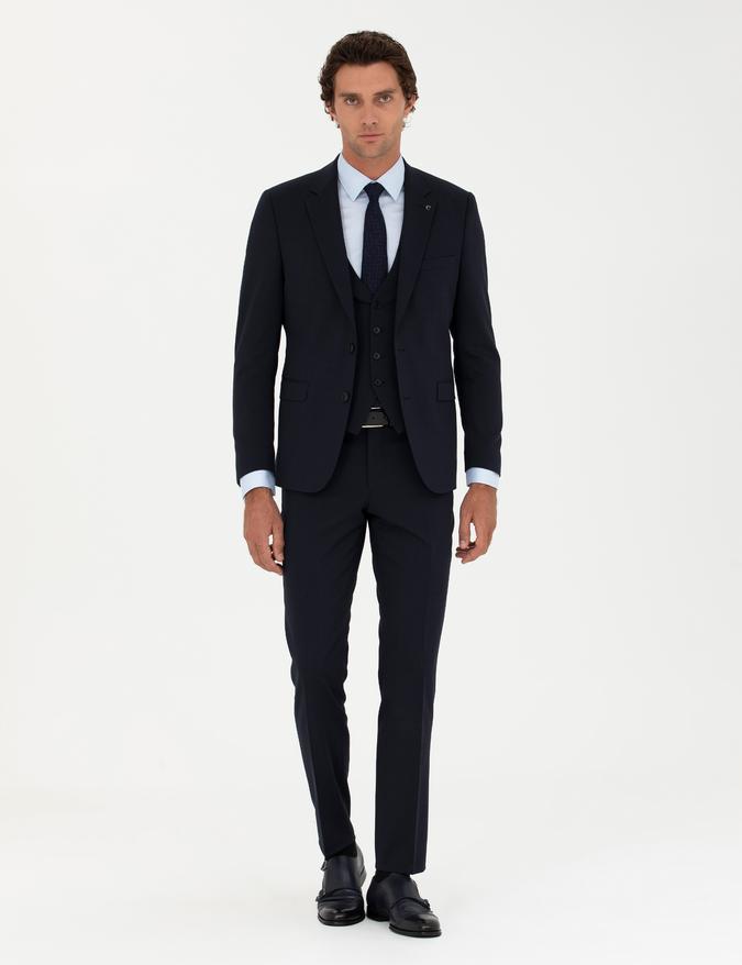 Lacivert Slim Fit Yün Karışımlı Yelekli Takım Elbise