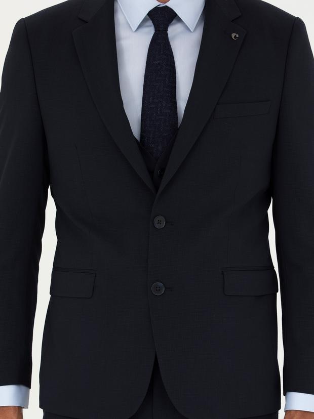 Lacivert Slim Fit Yün Karışımlı Yelekli Takım Elbise