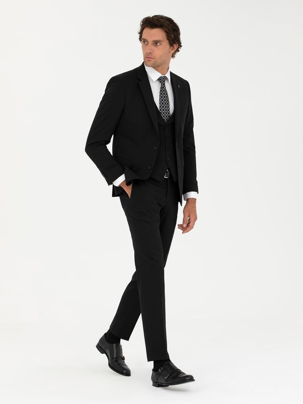 Siyah Slim Fit Yün Karışımlı Yelekli Takım Elbise