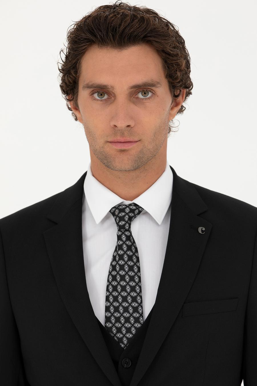 Siyah Slim Fit Yün Karışımlı Yelekli Takım Elbise - 50275634036