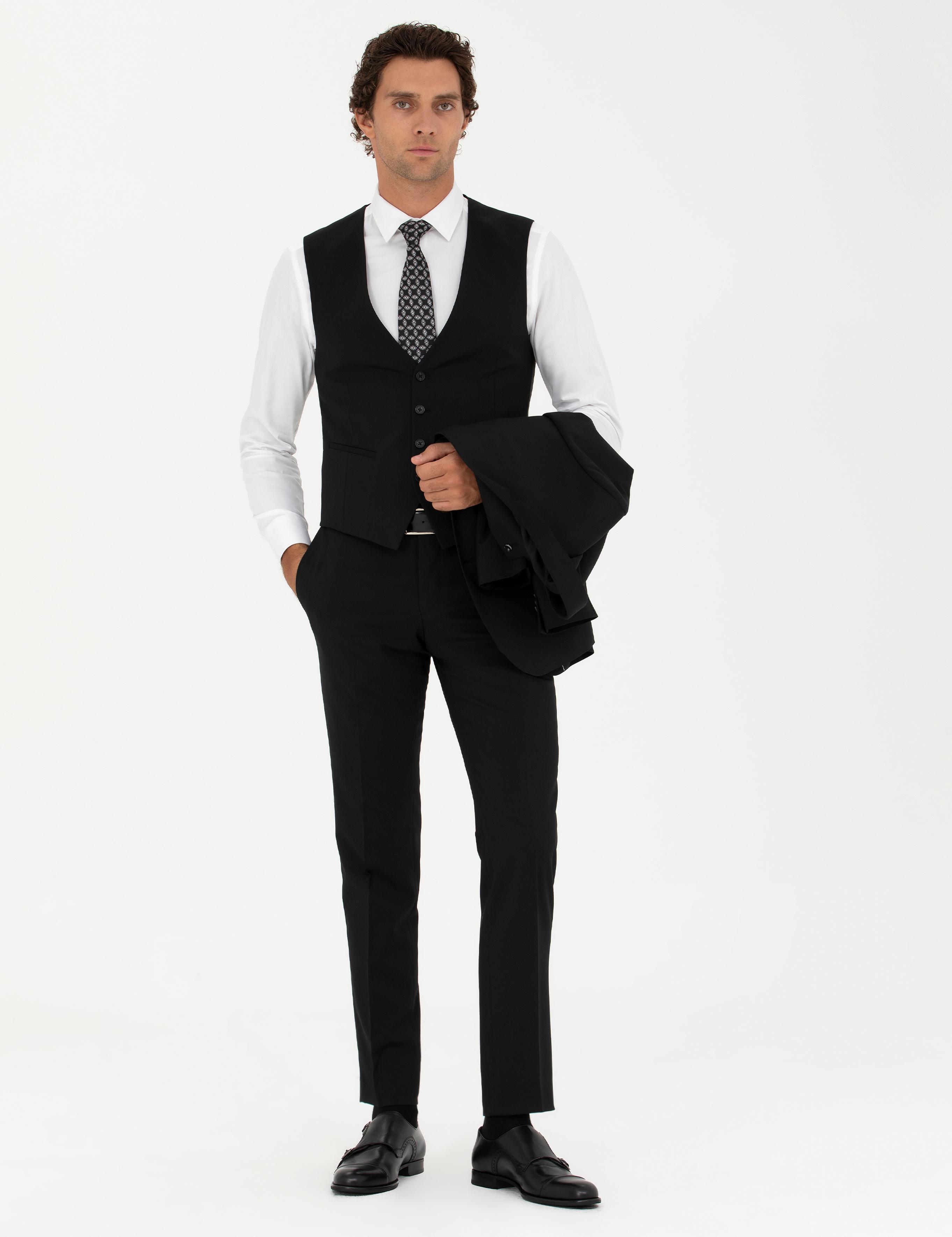Siyah Slim Fit Yün Karışımlı Yelekli Takım Elbise - 50275634036