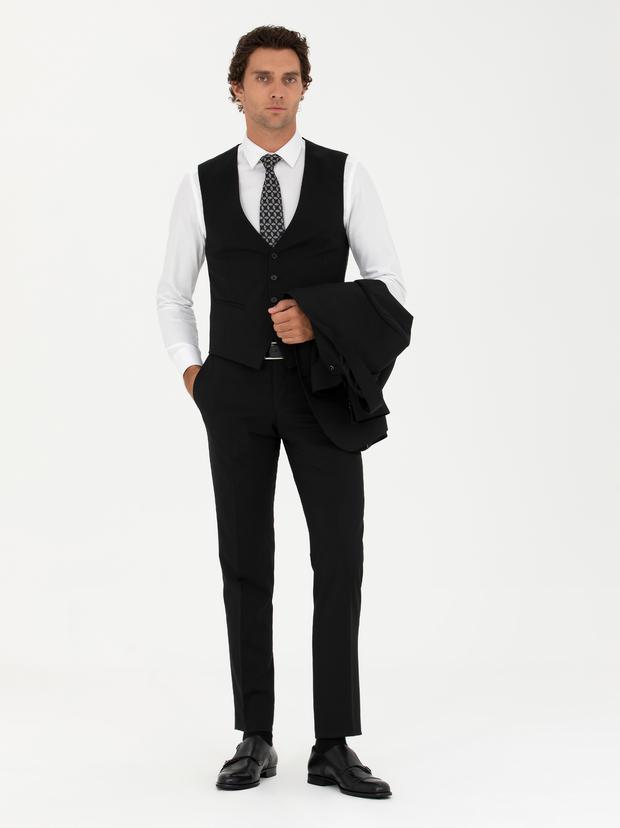 Siyah Slim Fit Yün Karışımlı Yelekli Takım Elbise