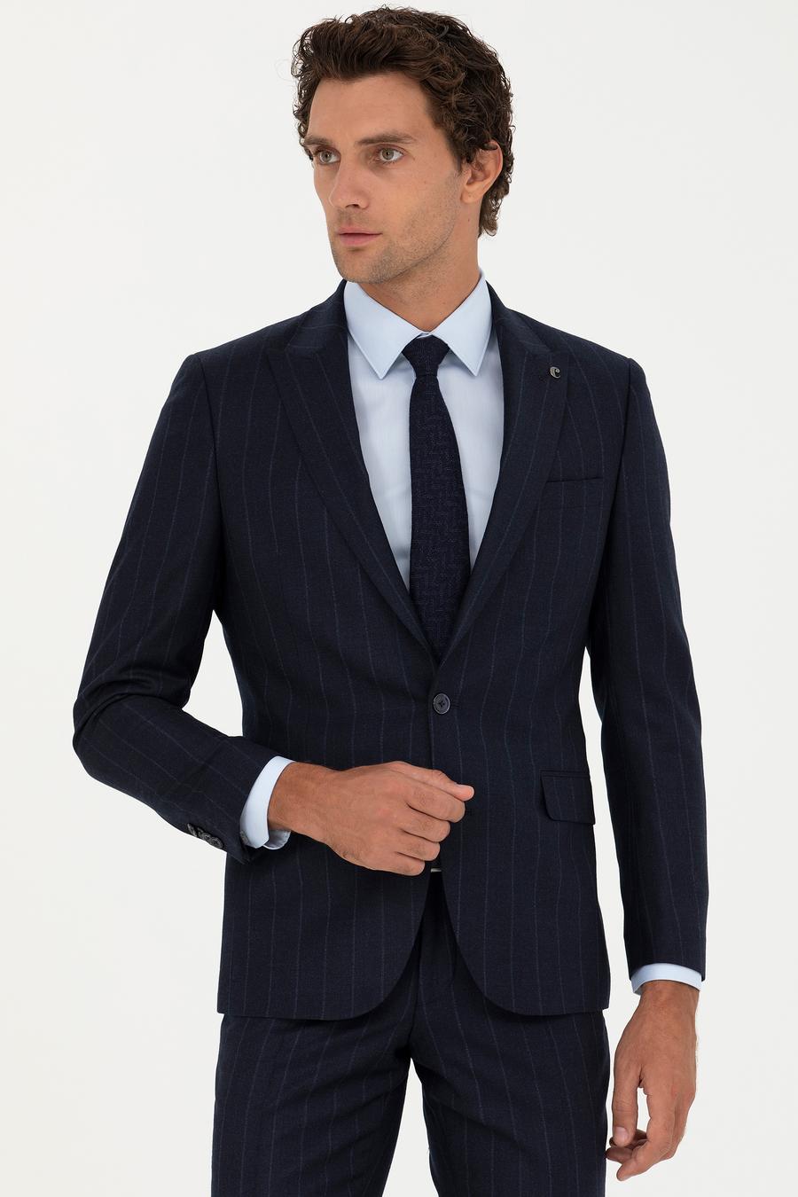 Lacivert Slim Fit %100 Yün Çizgili Kırlangıç Yaka Takım Elbise - 50276505026