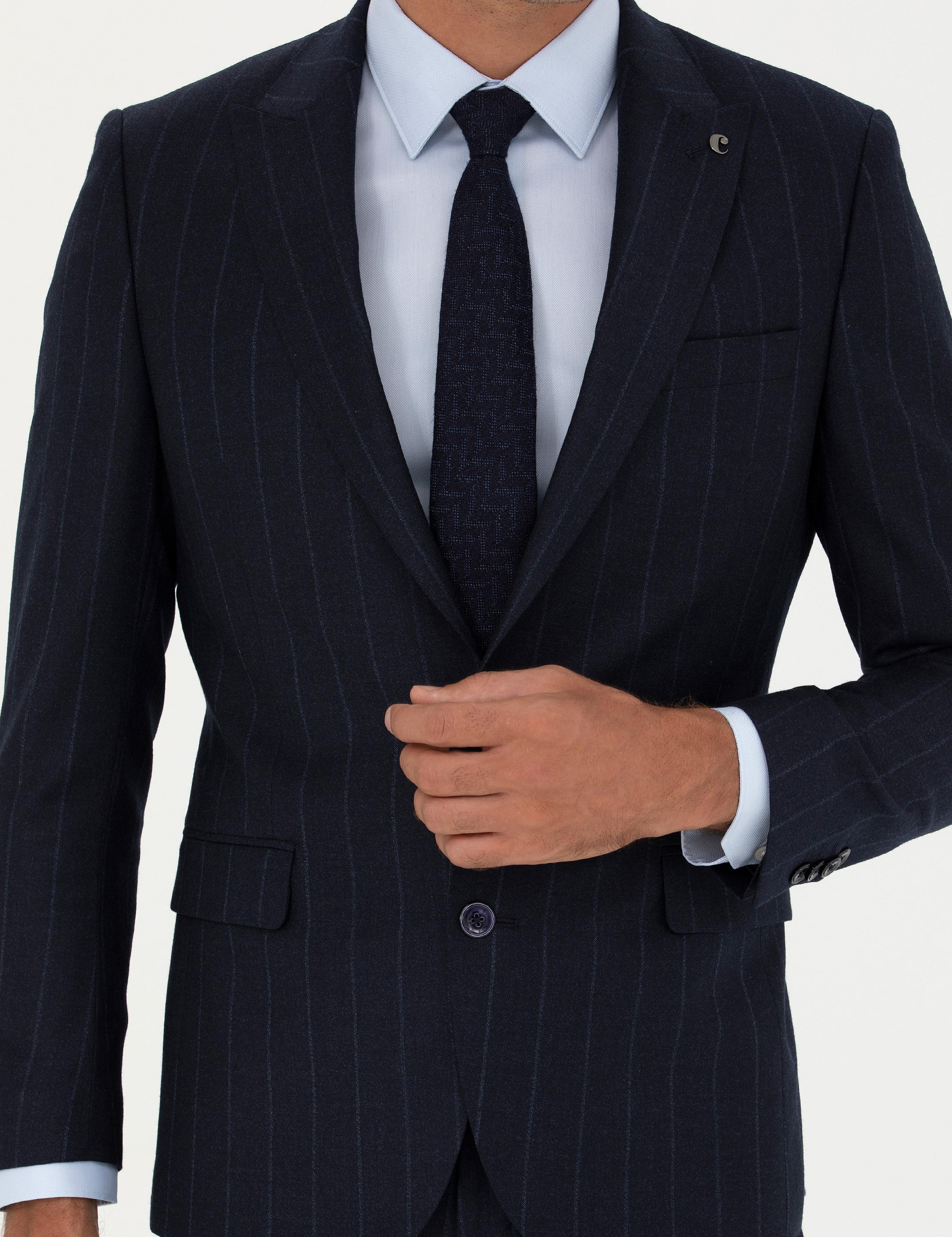 Lacivert Slim Fit %100 Yün Çizgili Kırlangıç Yaka Takım Elbise - 50276505026