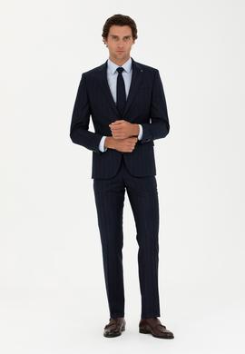 Lacivert Slim Fit %100 Yün Çizgili Kırlangıç Yaka Takım Elbise