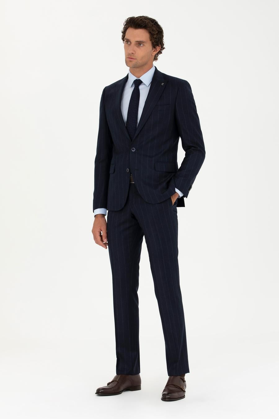 Lacivert Slim Fit %100 Yün Çizgili Kırlangıç Yaka Takım Elbise - 50276505026