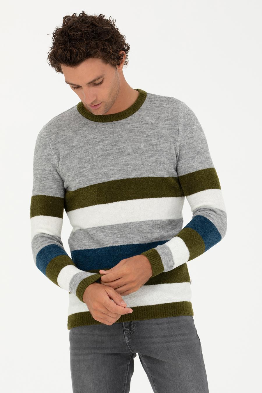 Haki Slim Fit Bisiklet Yaka Triko Kazak - 50271626017