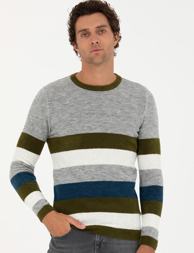 Haki Slim Fit Bisiklet Yaka Triko Kazak