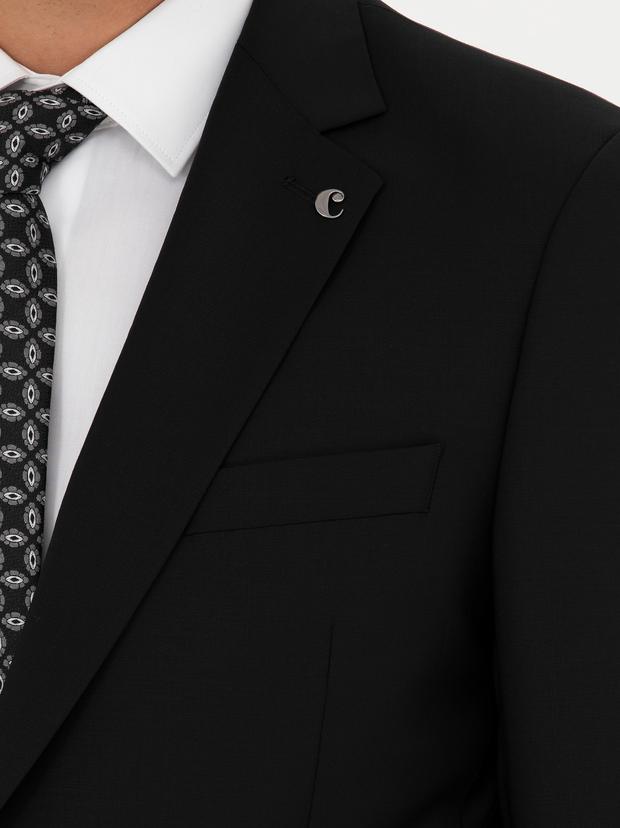 Siyah Slim Fit Yün Karışımlı Klasik Ceket