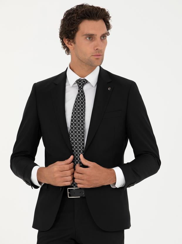 Siyah Slim Fit Yün Karışımlı Klasik Ceket