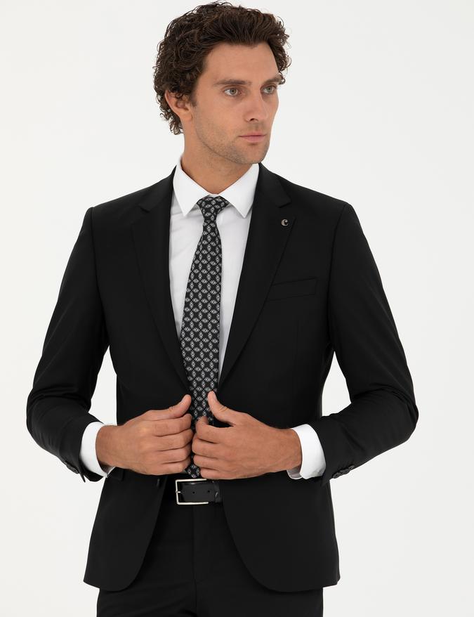 Siyah Slim Fit Yün Karışımlı Klasik Ceket
