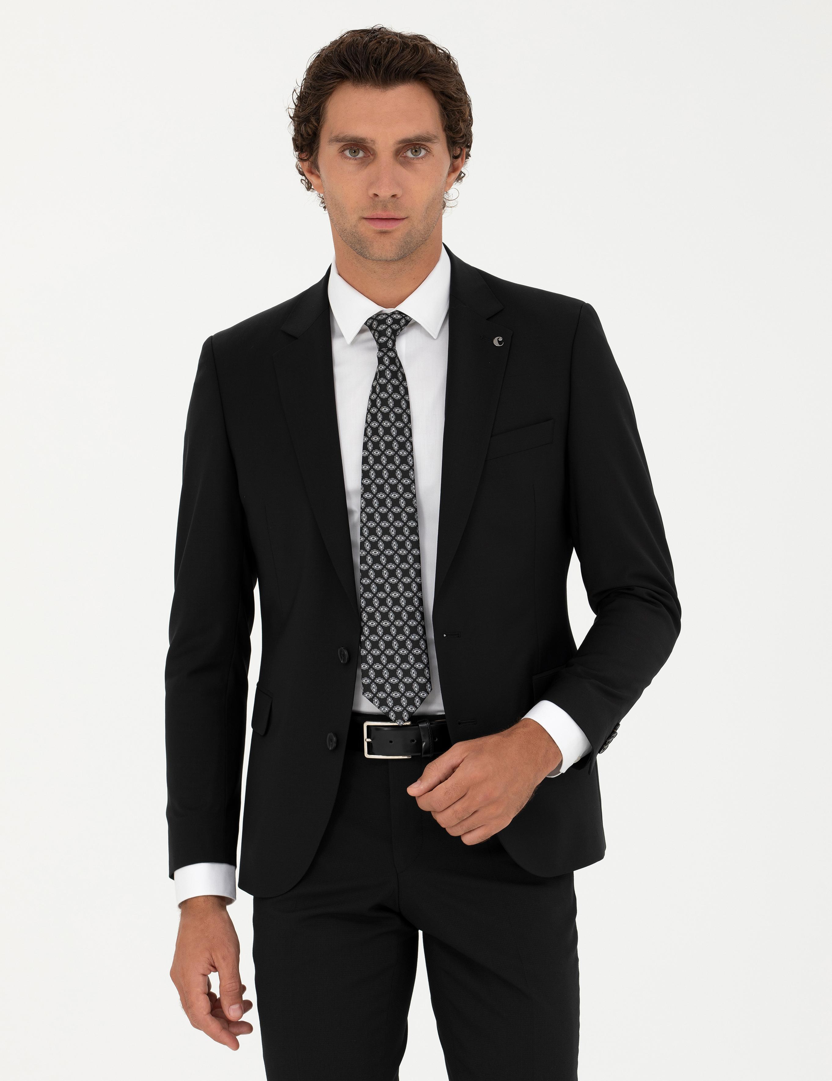 Siyah Slim Fit Yün Karışımlı Klasik Ceket - 50277430035