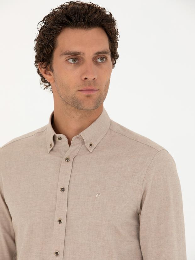 Bej Slim Fit Uzun Kollu Gömlek