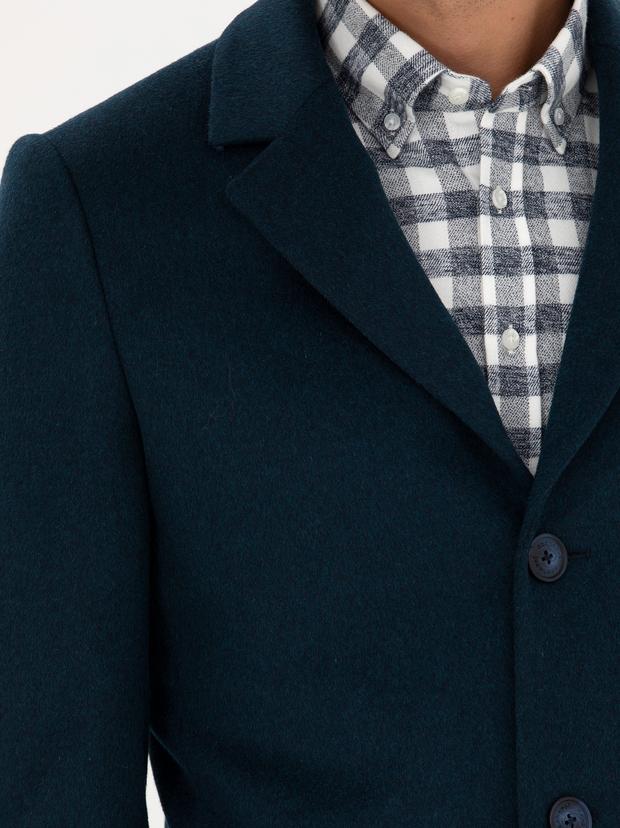 Petrol Mavisi Yün Karışımlı Ekstra Slim Fit Palto
