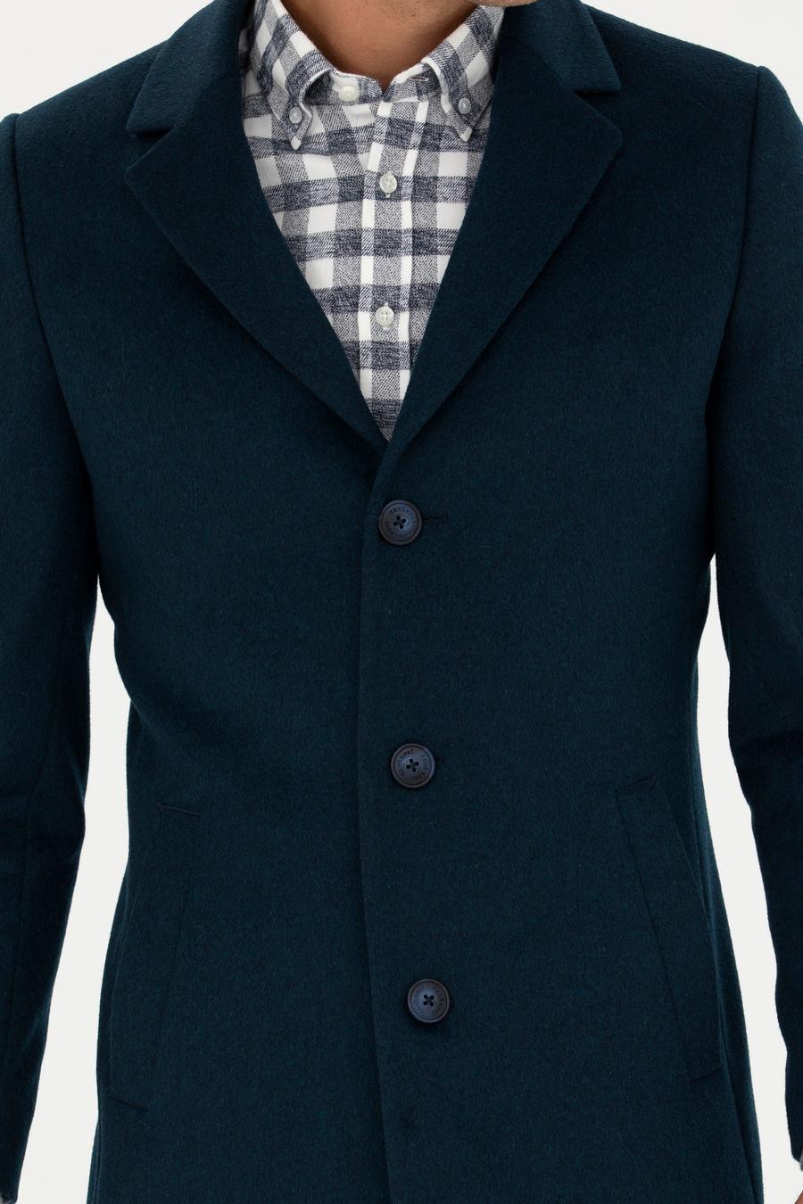 Petrol Mavisi Yün Karışımlı Ekstra Slim Fit Palto - 50274045101