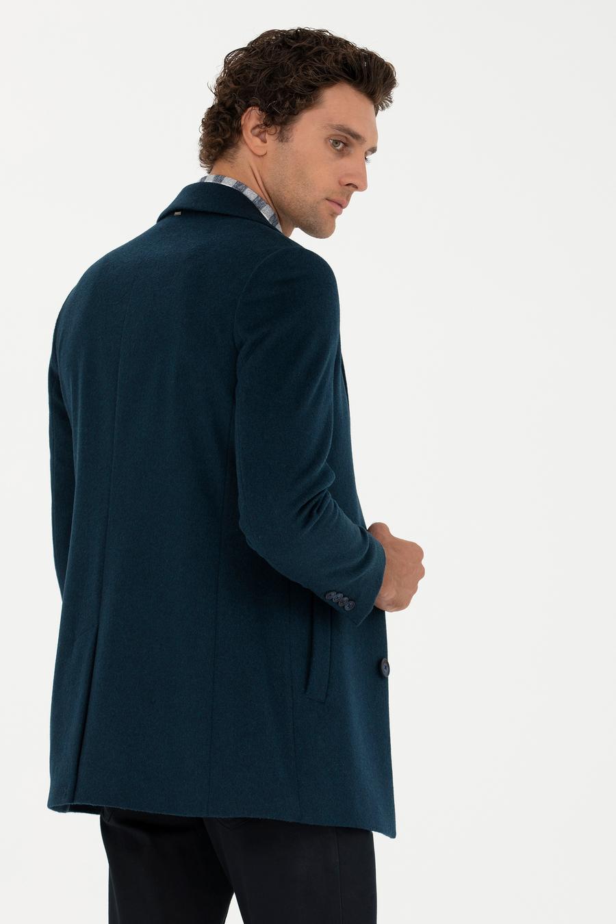 Petrol Mavisi Yün Karışımlı Ekstra Slim Fit Palto - 50274045101