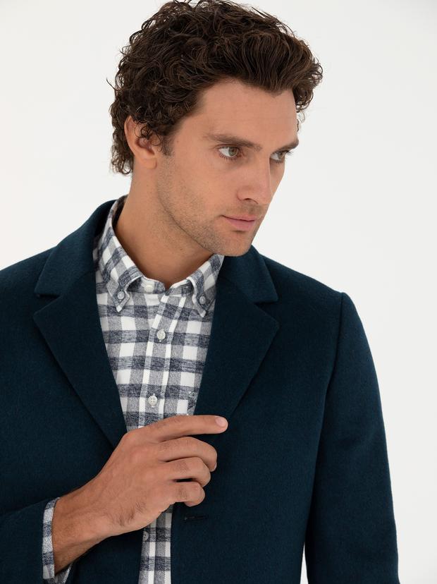 Petrol Mavisi Yün Karışımlı Ekstra Slim Fit Palto