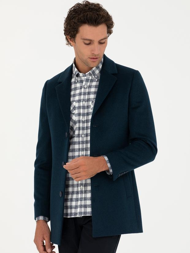 Petrol Mavisi Yün Karışımlı Ekstra Slim Fit Palto