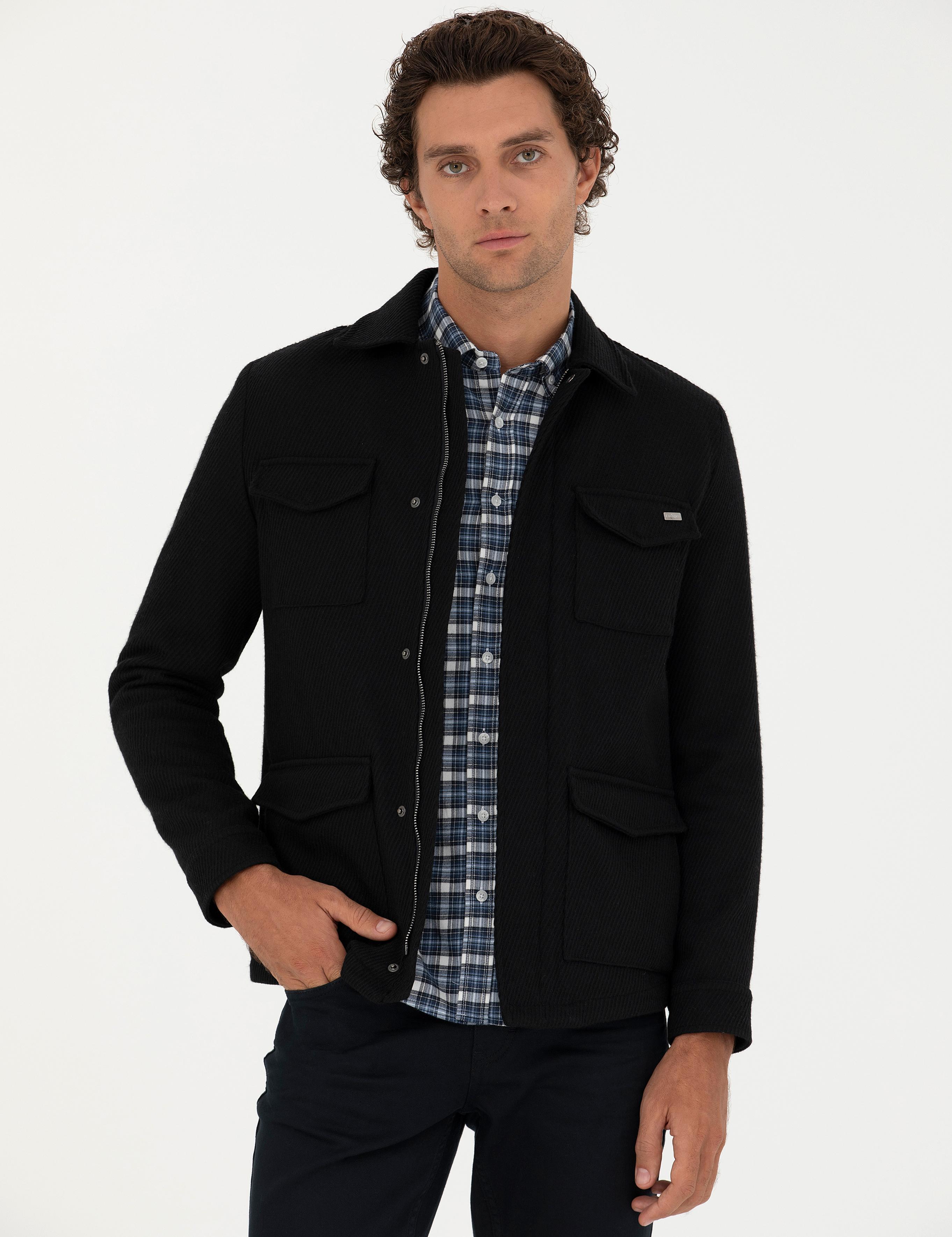 Siyah Slim Fit Yün Karışımlı Dokulu Kaşe Mont - 50274681014