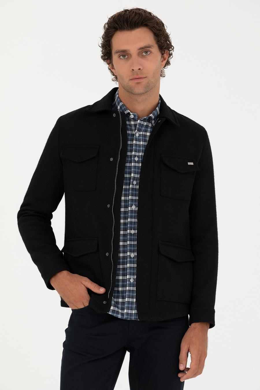 Siyah Slim Fit Yün Karışımlı Dokulu Kaşe Mont - 50274681014