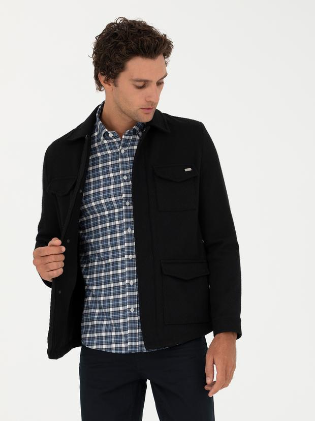 Siyah Slim Fit Yün Karışımlı Dokulu Kaşe Mont