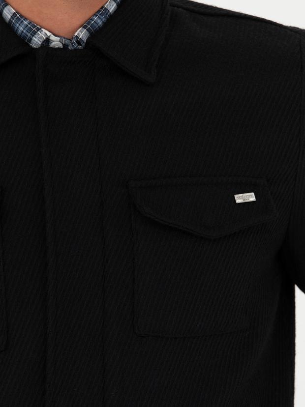 Siyah Slim Fit Yün Karışımlı Dokulu Kaşe Mont