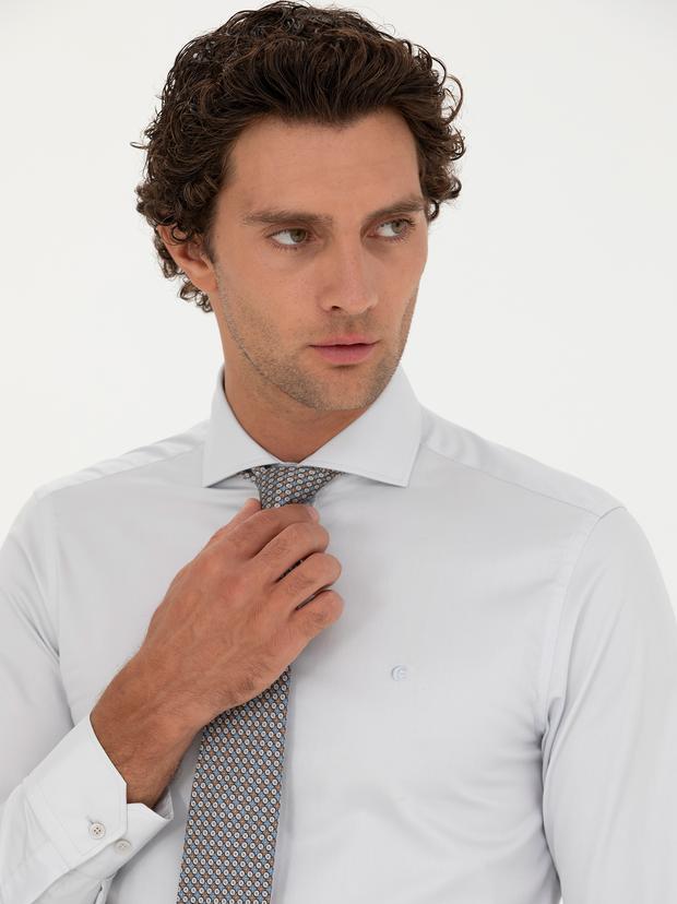 Açık Gri Slim Fit Uzun Kollu Basic Gömlek