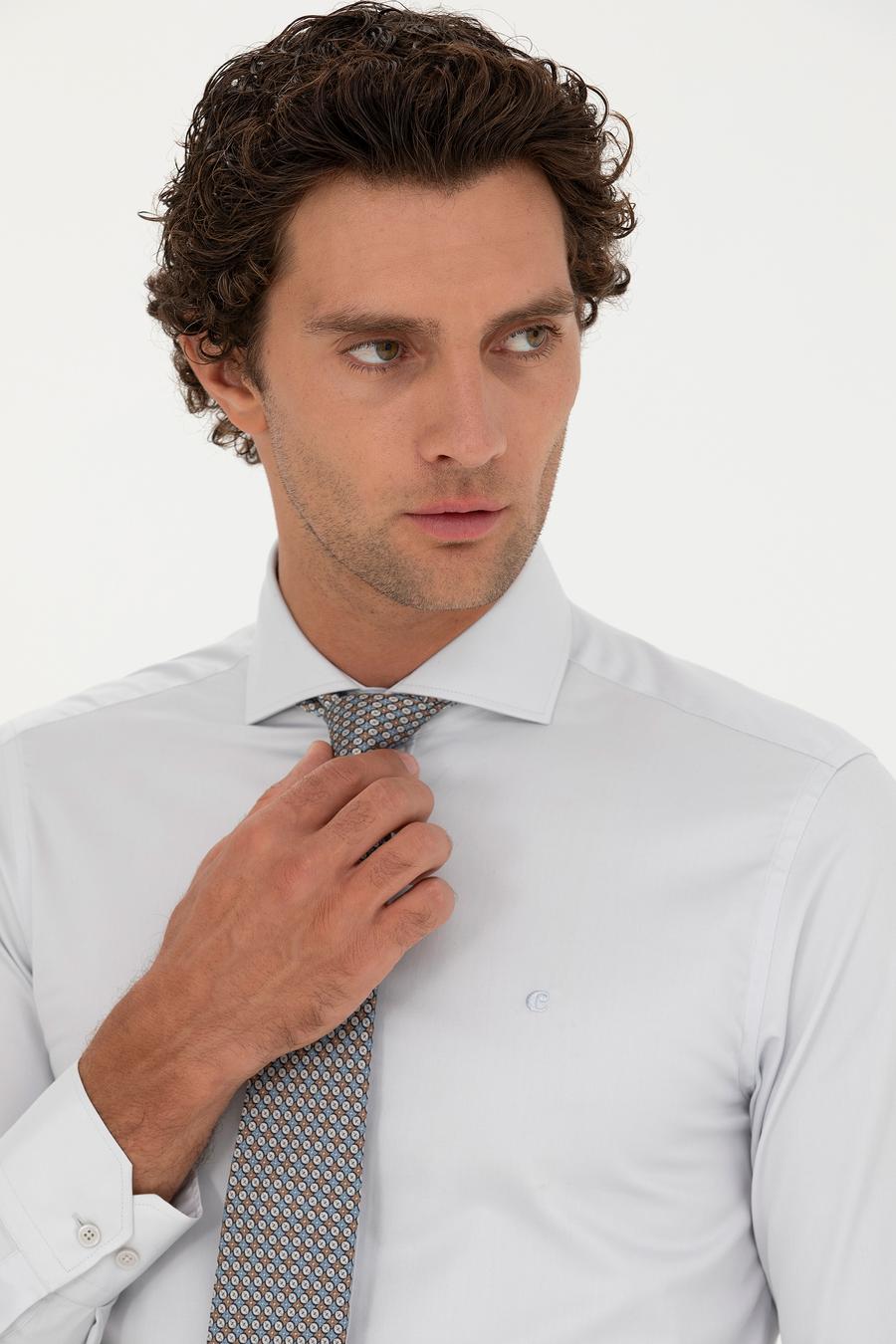 Açık Gri Slim Fit Uzun Kollu Basic Gömlek - 50229004106