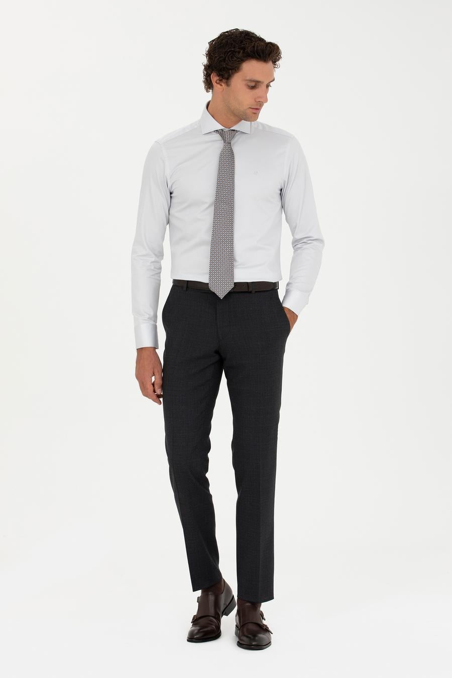 Açık Gri Slim Fit Uzun Kollu Basic Gömlek - 50229004106