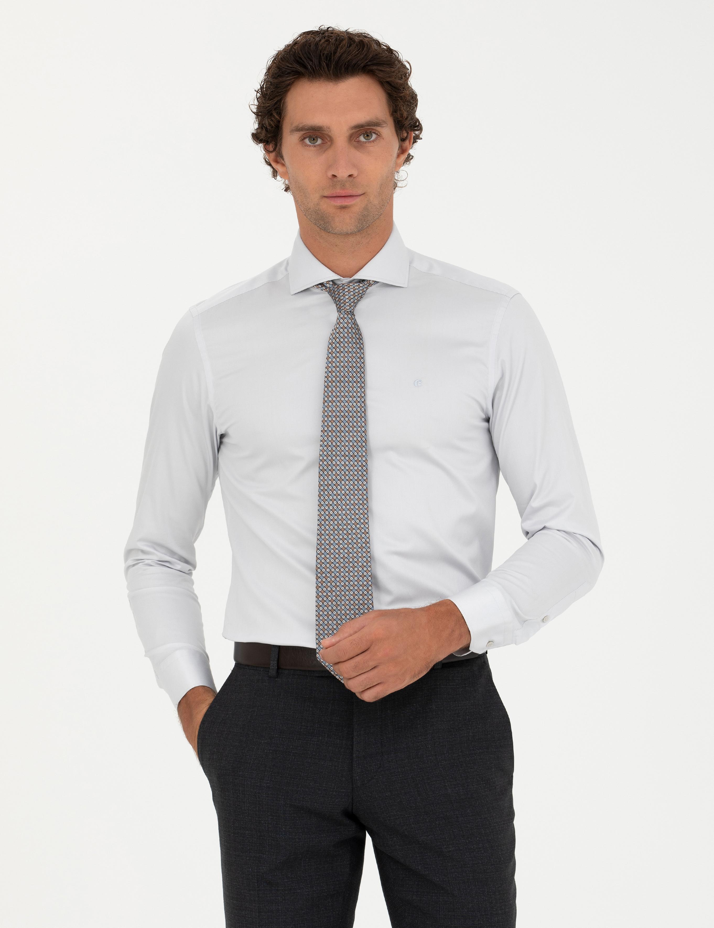 Açık Gri Slim Fit Uzun Kollu Basic Gömlek - 50229004106