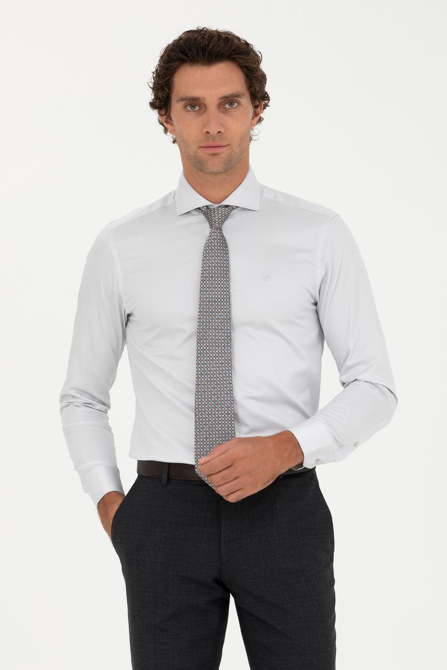 Açık Gri Slim Fit Uzun Kollu Basic Gömlek - 50229004106