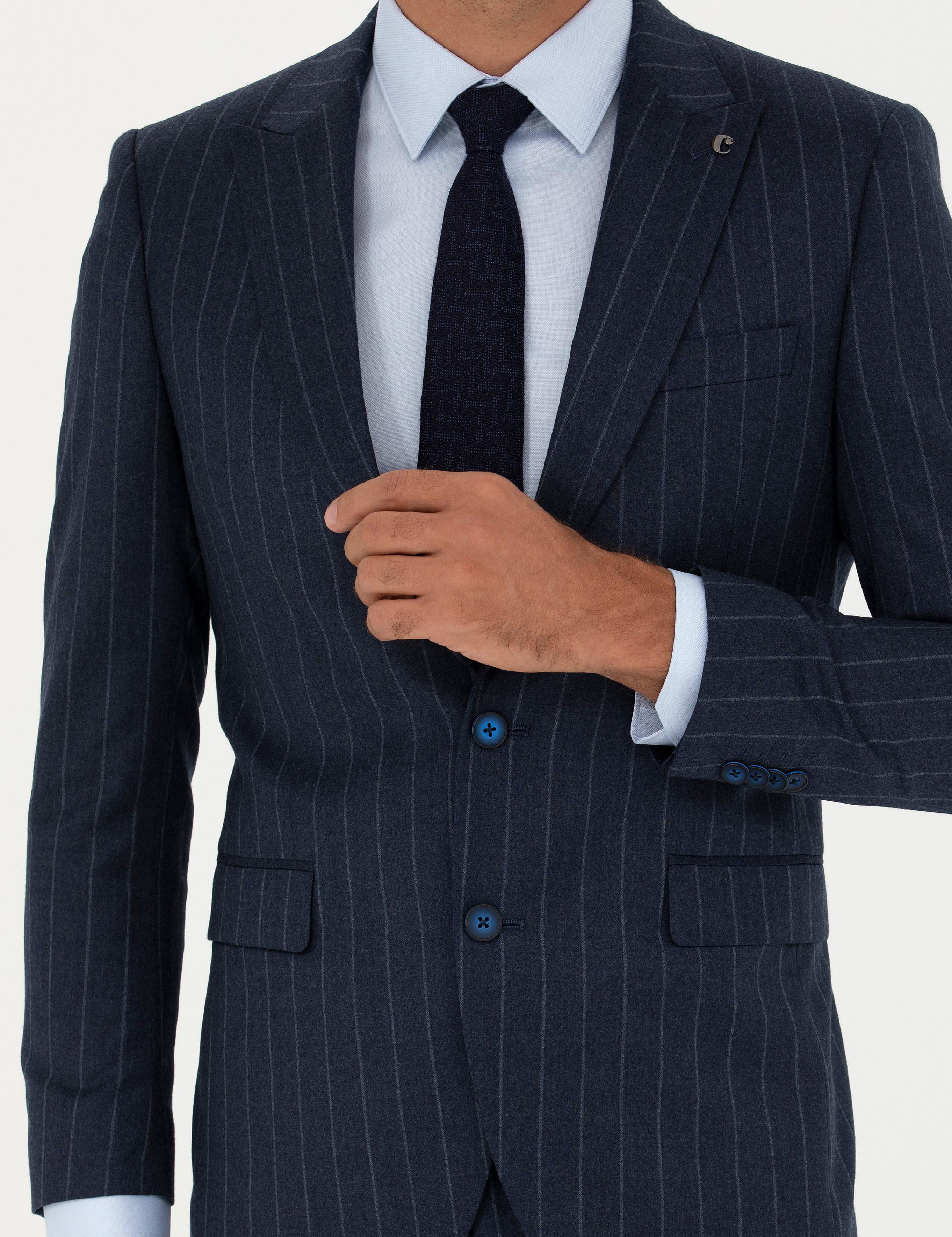 Lacivert Slim Fit Yün Karışımlı Kırlangıç Yaka Çizgili Takım Elbise - 50272588026