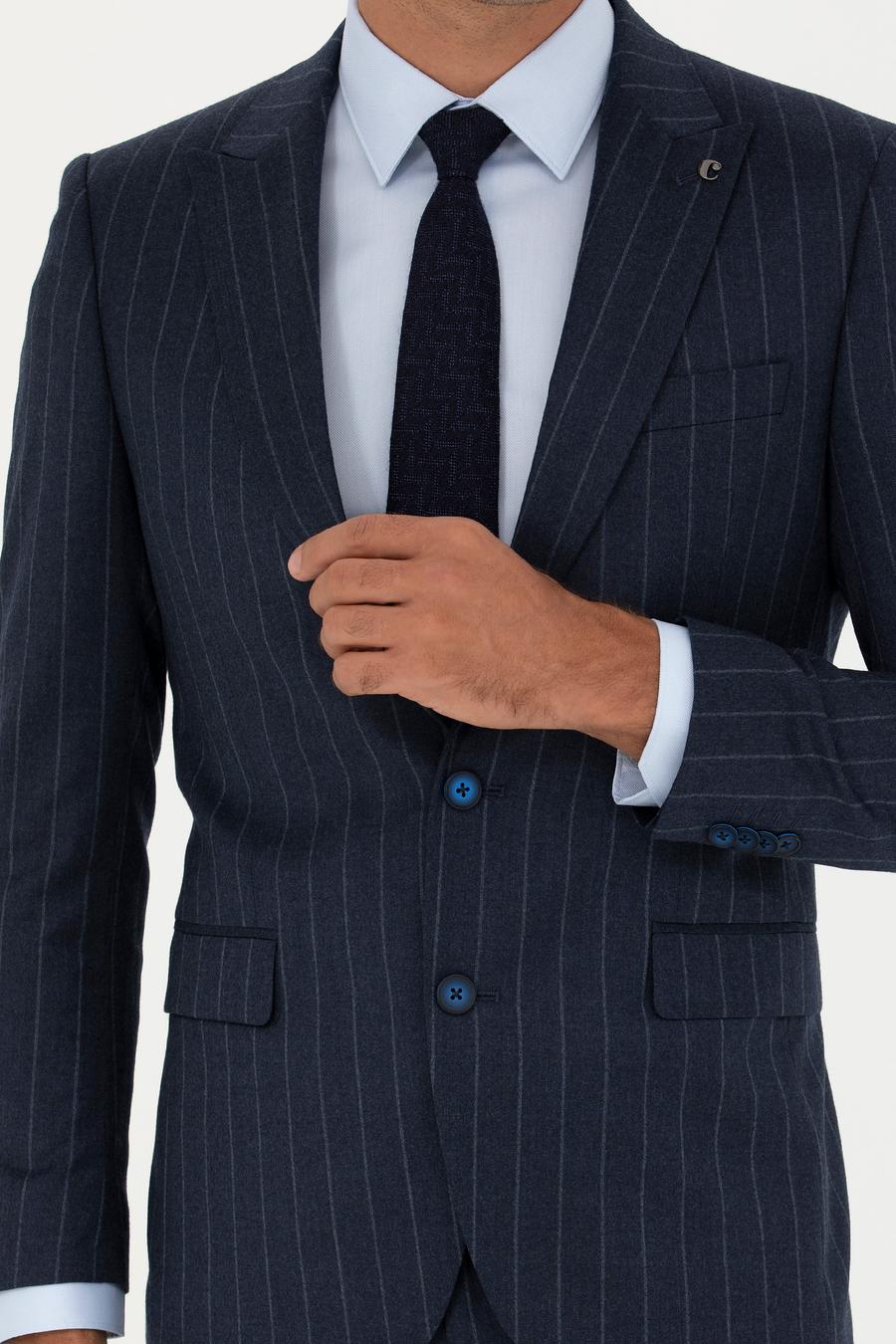 Lacivert Slim Fit Yün Karışımlı Kırlangıç Yaka Çizgili Takım Elbise - 50272588026