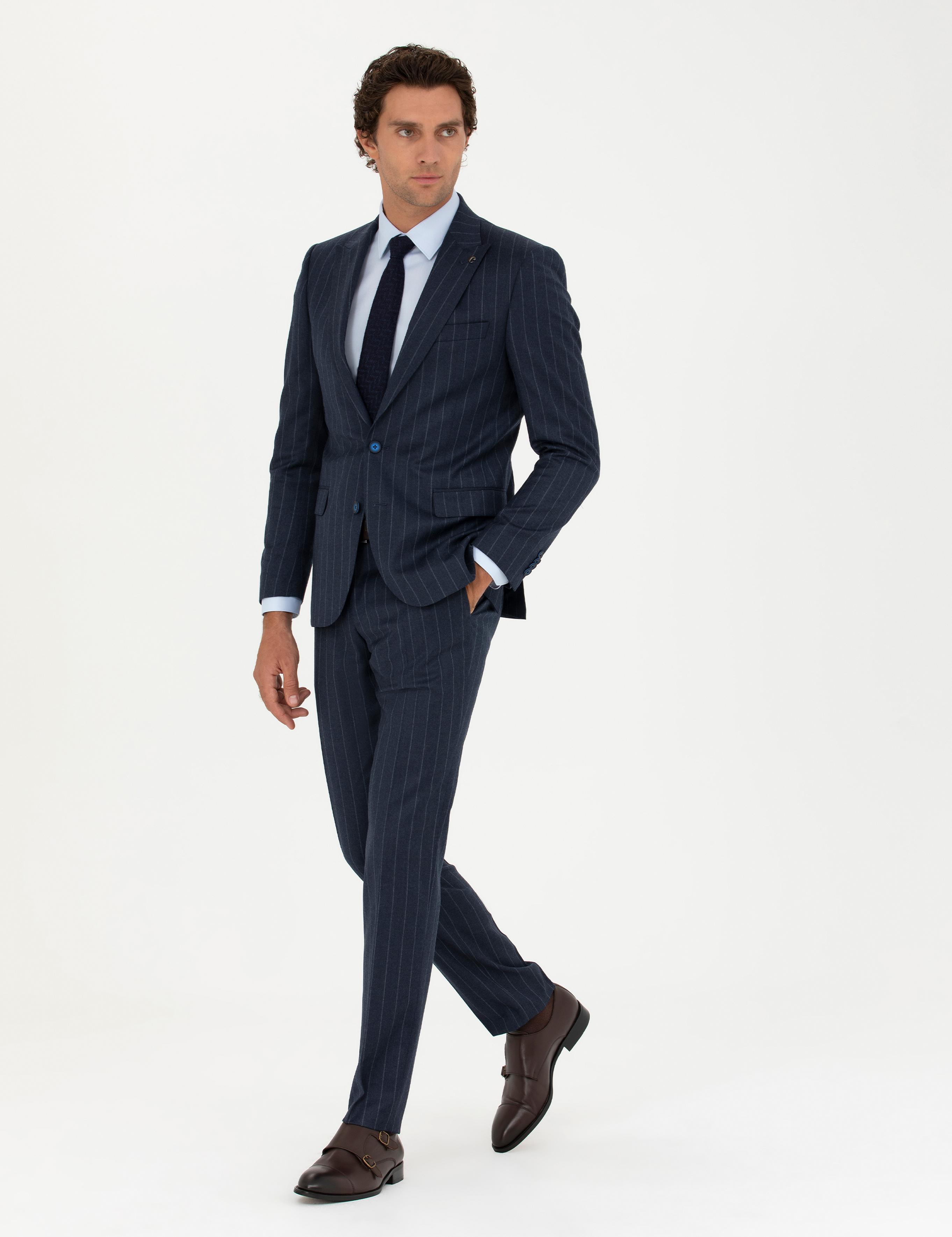 Lacivert Slim Fit Yün Karışımlı Kırlangıç Yaka Çizgili Takım Elbise - 50272588026