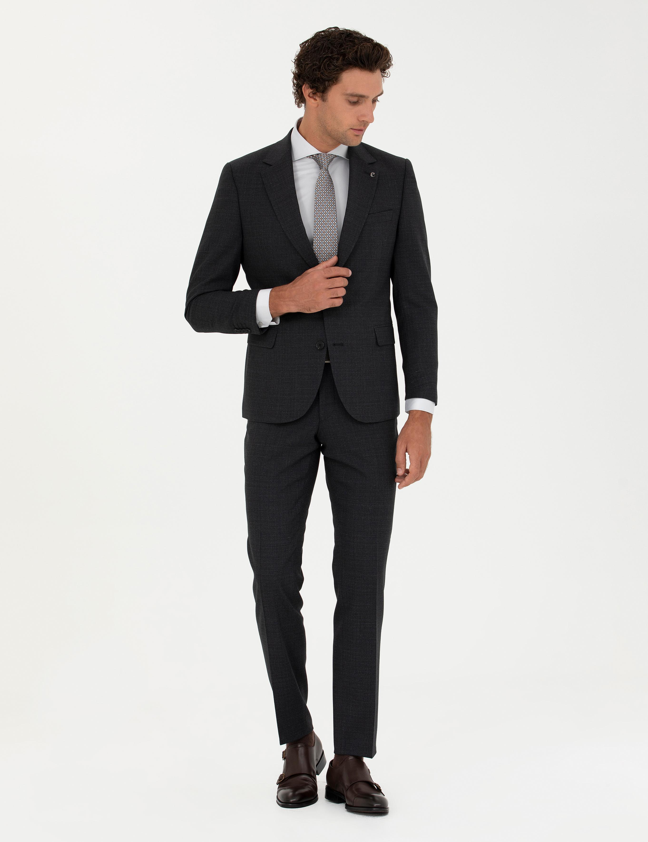 Siyah Slim Fit Yün Karışımlı Mikro Desenli Takım Elbise - 50272937005
