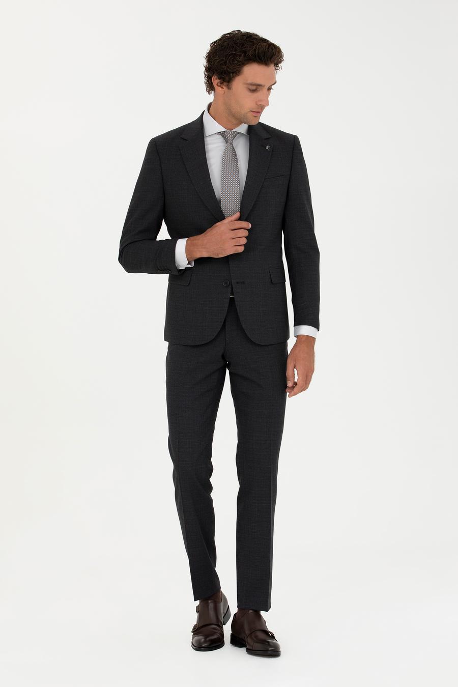 Siyah Slim Fit Yün Karışımlı Mikro Desenli Takım Elbise - 50272937005