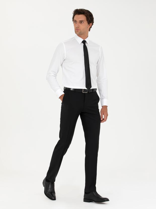 Siyah Slim Fit Yün Karışımlı Kumaş Pantolon