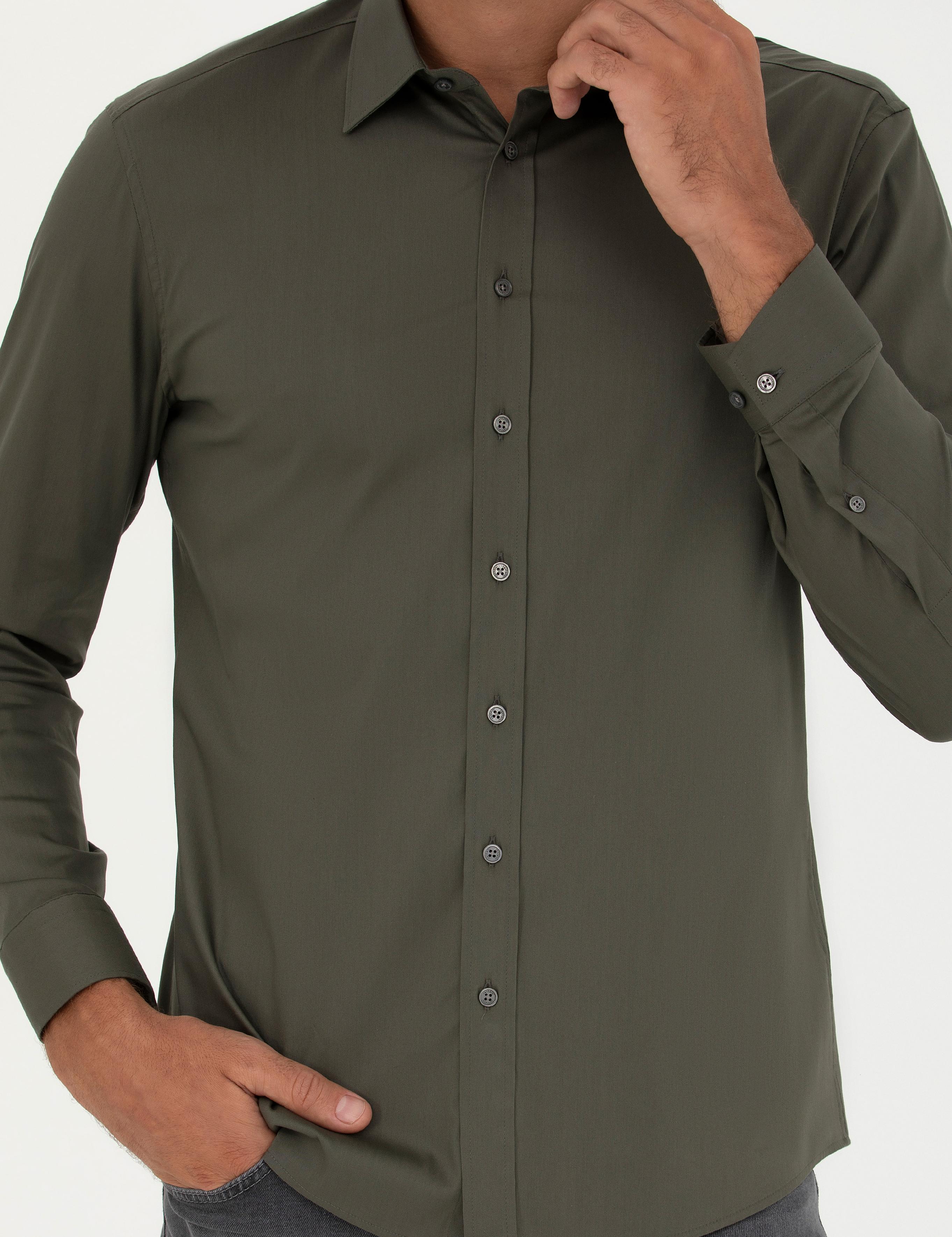 Haki Slim Fit Pamuk Karışımlı Klasik Gömlek - 50282995063