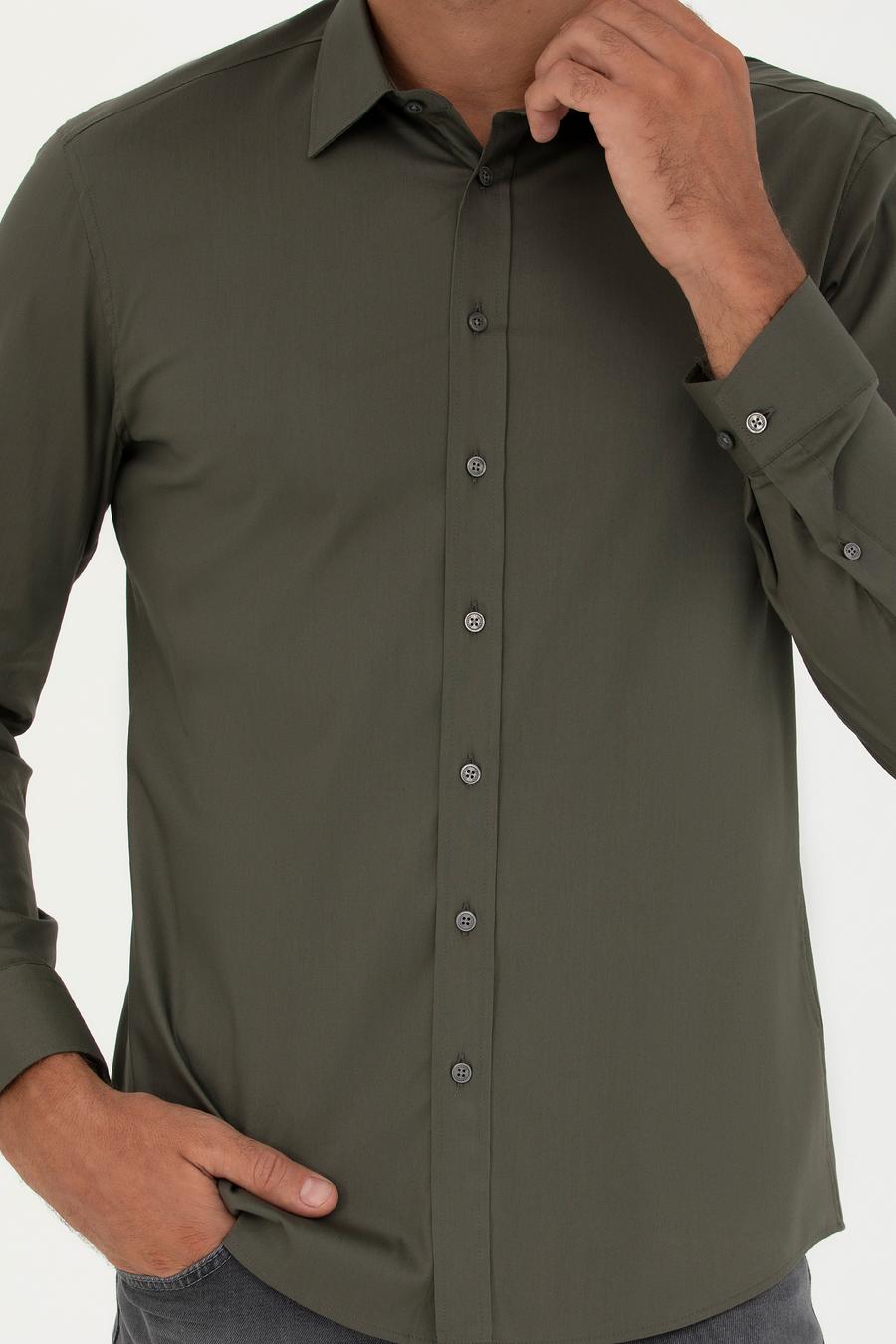 Haki Slim Fit Pamuk Karışımlı Klasik Gömlek - 50282995063