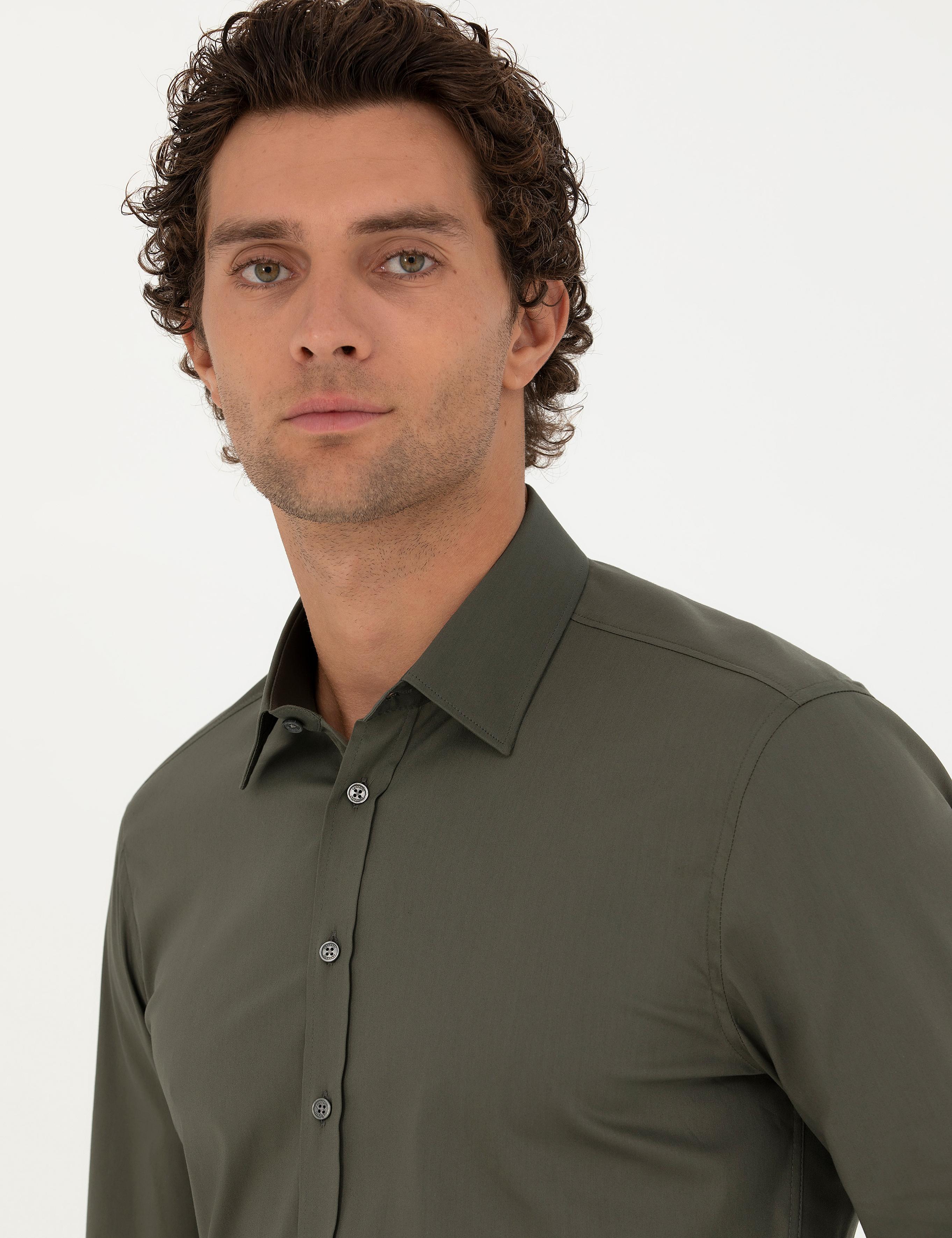 Haki Slim Fit Pamuk Karışımlı Klasik Gömlek - 50282995063