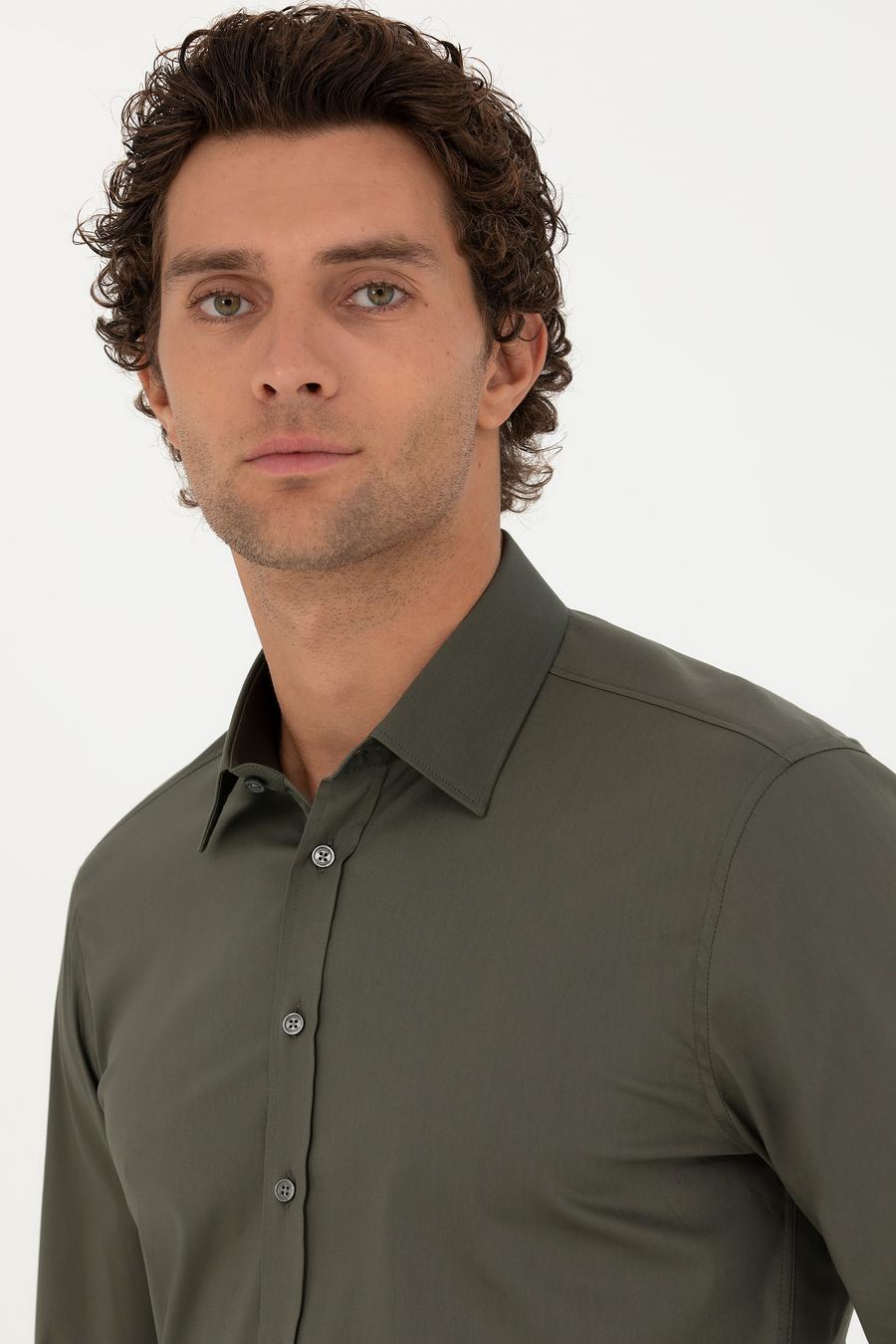 Haki Slim Fit Pamuk Karışımlı Klasik Gömlek - 50282995063