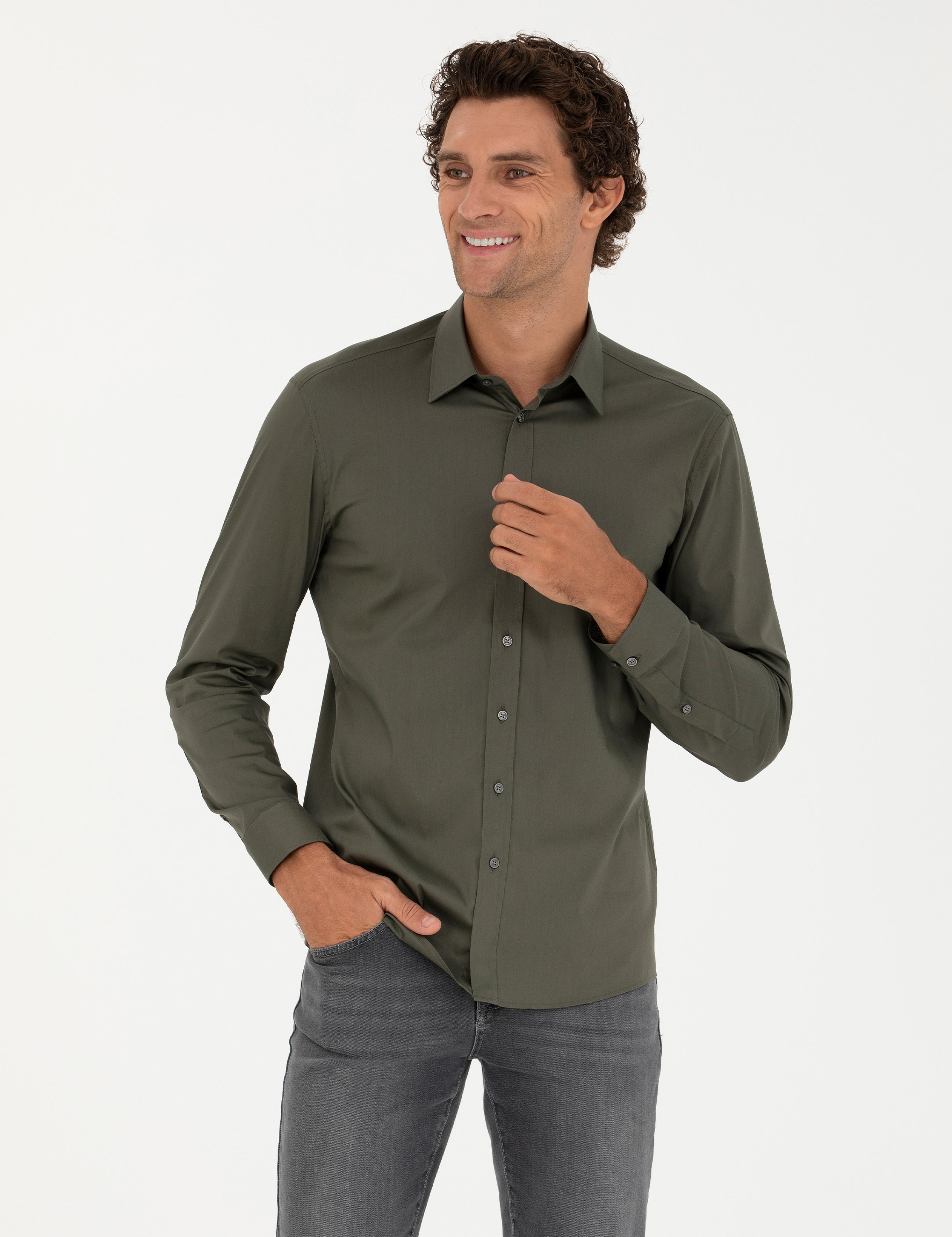 Haki Slim Fit Pamuk Karışımlı Klasik Gömlek - 50282995063