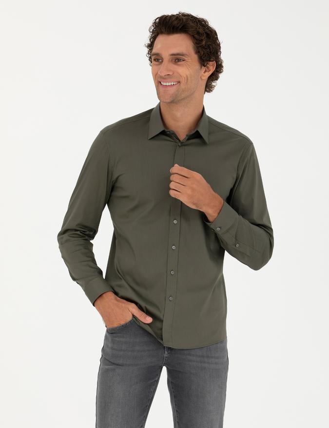 Haki Slim Fit Pamuk Karışımlı Klasik Gömlek