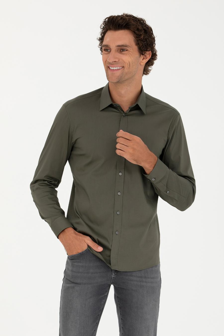 Haki Slim Fit Pamuk Karışımlı Klasik Gömlek - 50282995063