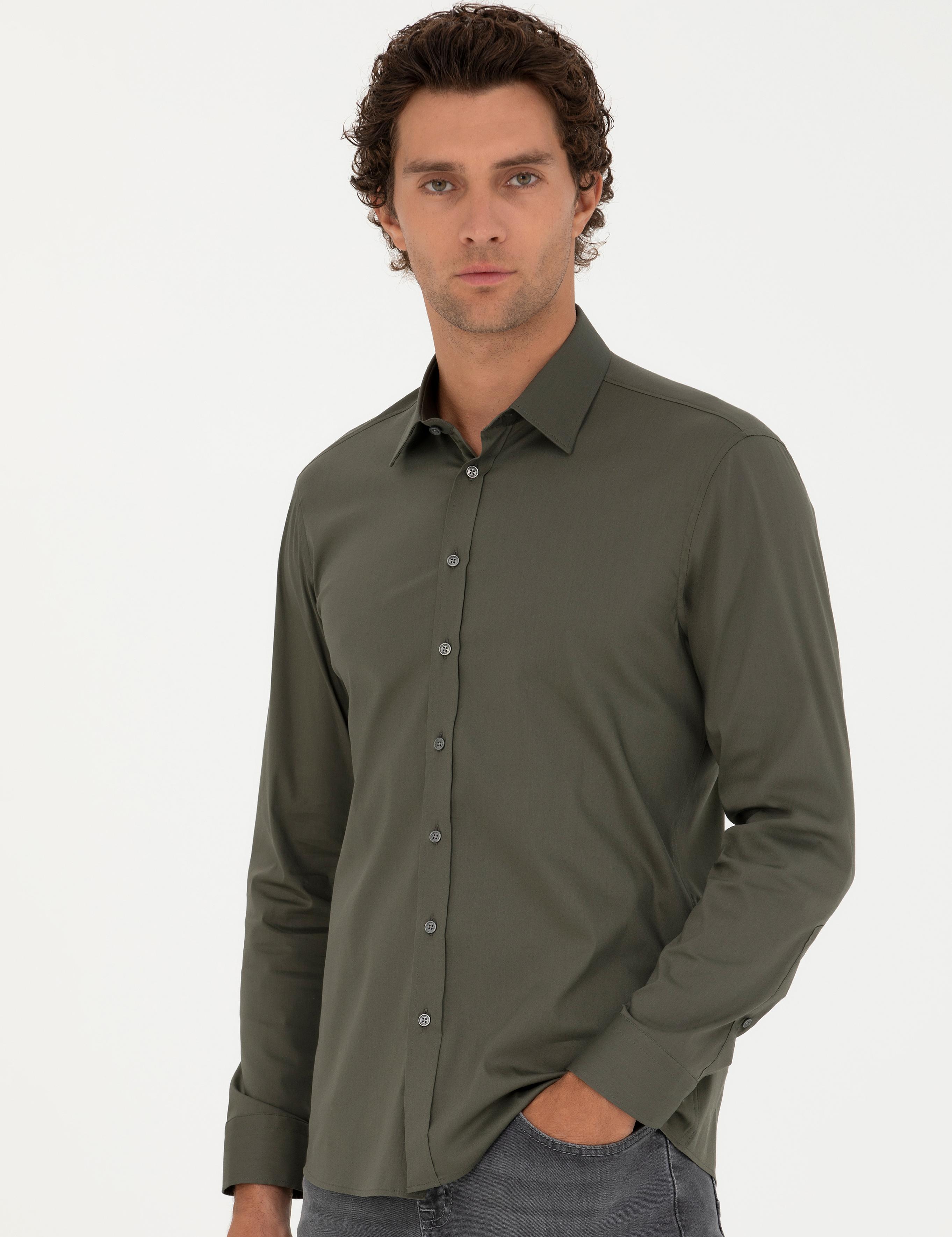 Haki Slim Fit Pamuk Karışımlı Klasik Gömlek - 50282995063
