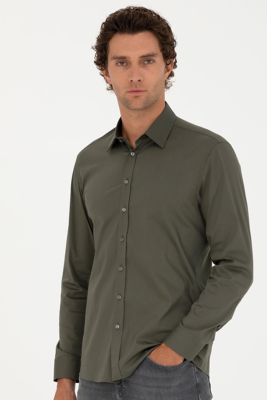 Haki Slim Fit Pamuk Karışımlı Klasik Gömlek - 50282995063