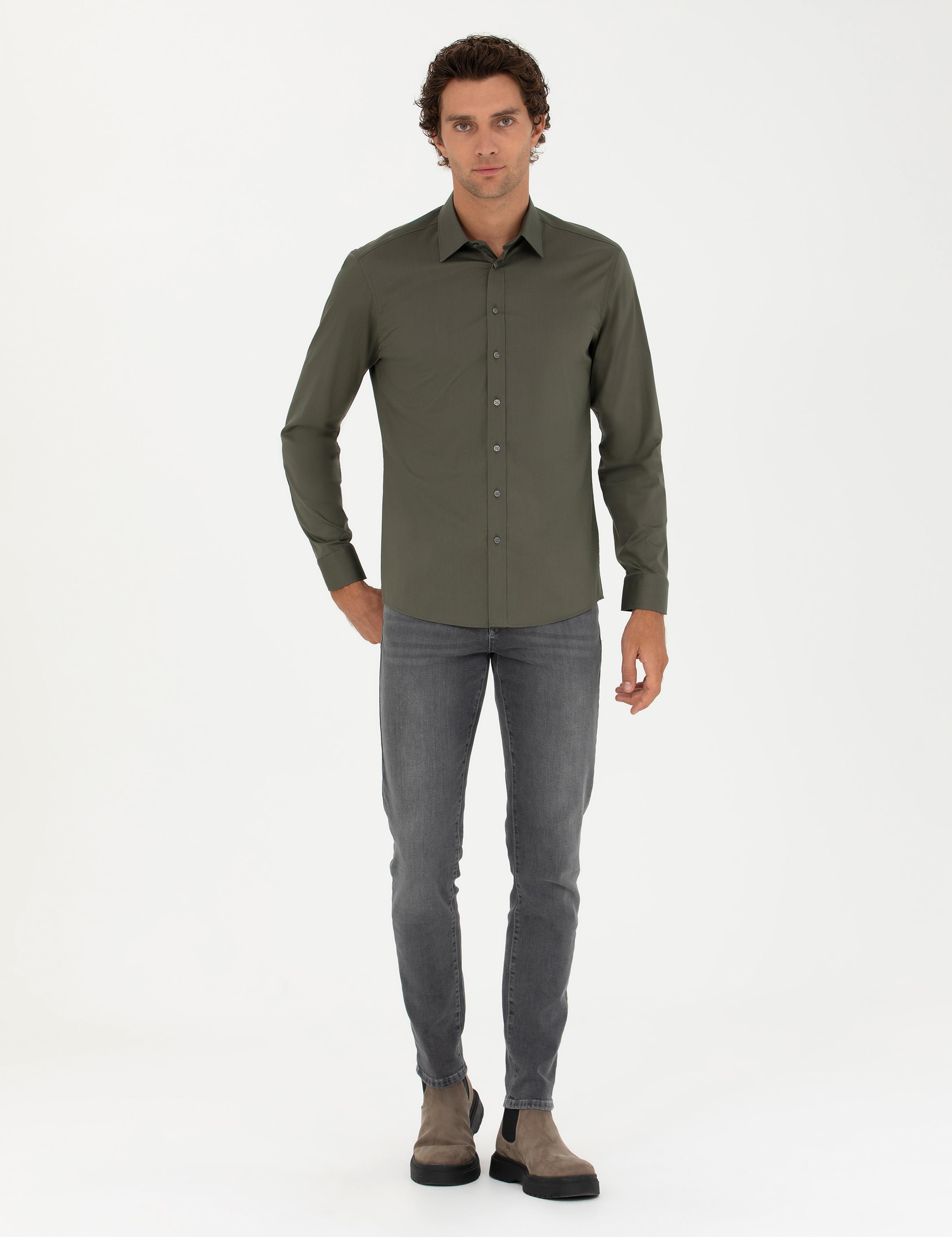 Haki Slim Fit Pamuk Karışımlı Klasik Gömlek - 50282995063